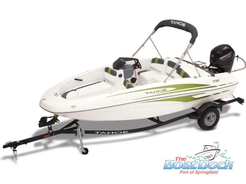 Slide: The Image of 2023 Tahoe T16 boat with trailer, white and green, side view. - 24