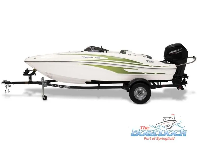 Slide: The Image of 2023 Tahoe T16 boat on trailer, side view. - 26