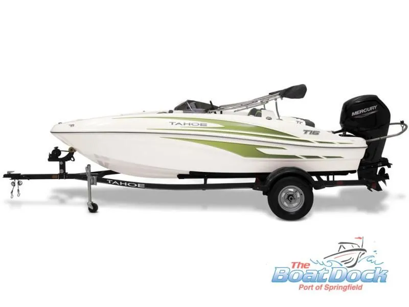Slide: The Image of 2023 Tahoe T16 boat with trailer, side view. - 27
