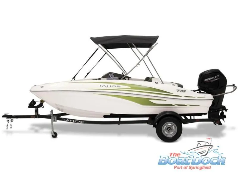 Slide: The Image of 2023 Tahoe T16 boat with trailer and Mercury engine. - 29