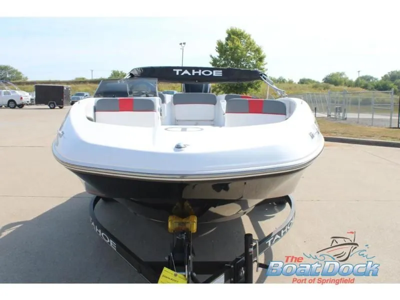 Slide: The Image of 2023 Tahoe T16 boat parked on trailer outdoors. - 3