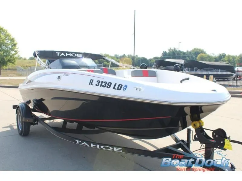 Slide: The Image of 2023 Tahoe T16 boat on trailer outdoors. - 4