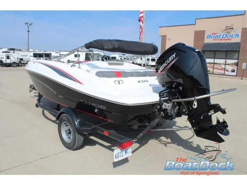 Slide: The Image of 2023 Tahoe T16 boat with Mercury engine on trailer. - 8