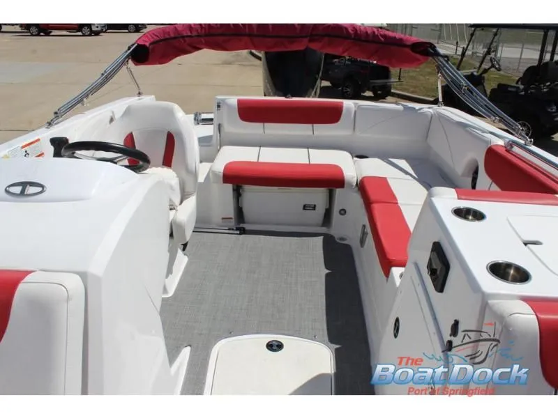 Slide: The Image of Interior of 2022 Tahoe 2150 boat with red seating. - 24