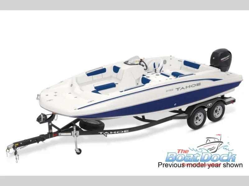 Slide: The Image of 2022 Tahoe 2150 boat on trailer, white and blue. - 25