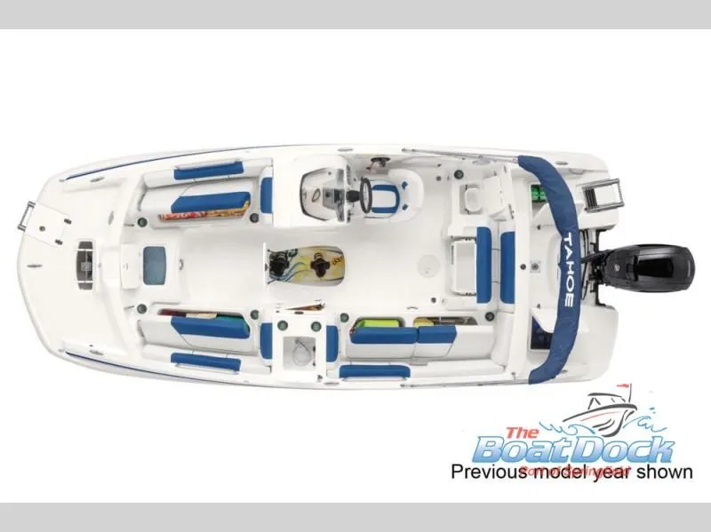 Slide: The Image of Aerial view of 2022 Tahoe 2150 boat with blue and white seating. - 26