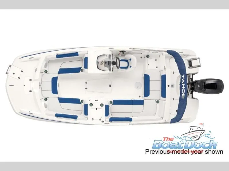 Slide: The Image of Aerial view of 2022 Tahoe 2150 boat with blue and white seating. - 27