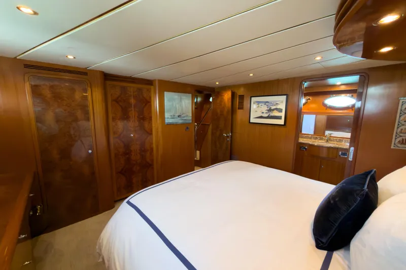 Slide: The Image of Luxurious cabin interior of 2003 Ocean Alexander 700 Classicco yacht with wood paneling. - 28