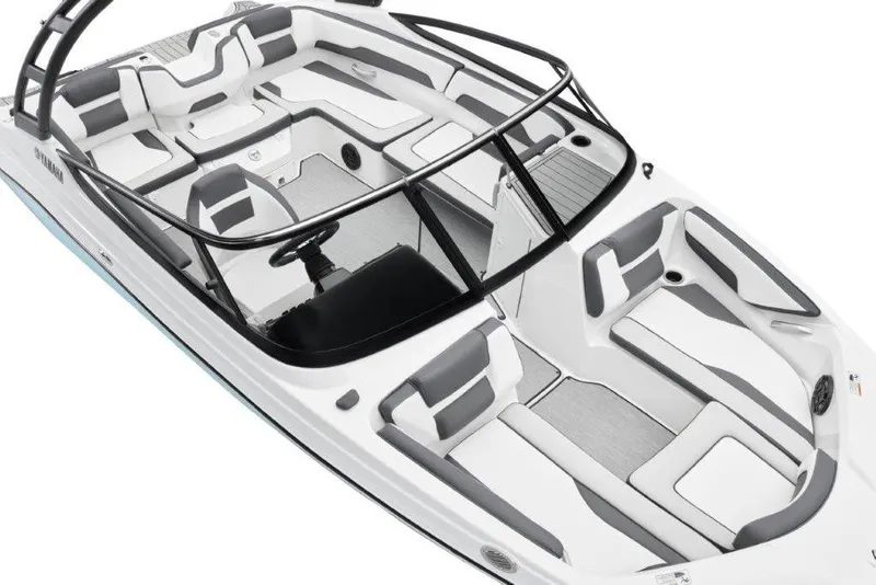Slide: The Image of 2026 Yamaha Boats AR195 interior, featuring sleek white and gray seating with modern design. - 14