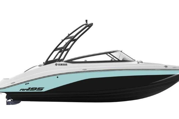 Slide: The Image of 2026 Yamaha Boats AR195, sleek design, black and white hull, modern wakeboard tower. - 3
