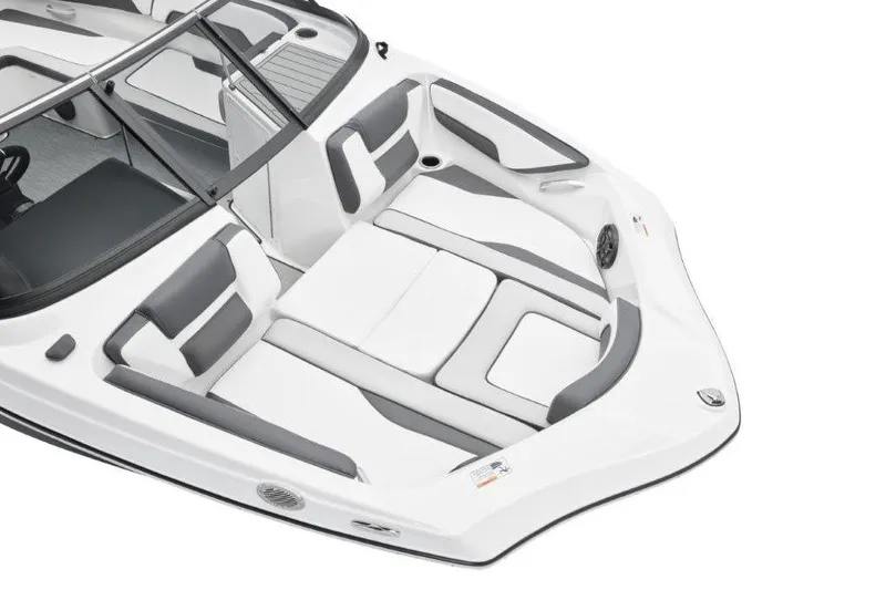 Slide: The Image of 2026 Yamaha Boats AR195 interior with sleek white and gray seating design. - 5