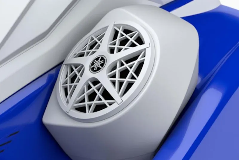 Slide: The Image of 2025 Yamaha WaveRunner GP SVHO speaker detail, featuring sleek blue and white design. - 3