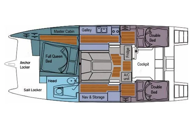 Slide: The Image of Floor plan of a 2006 Gemini 105 MC catamaran, featuring cabins and amenities. - 25