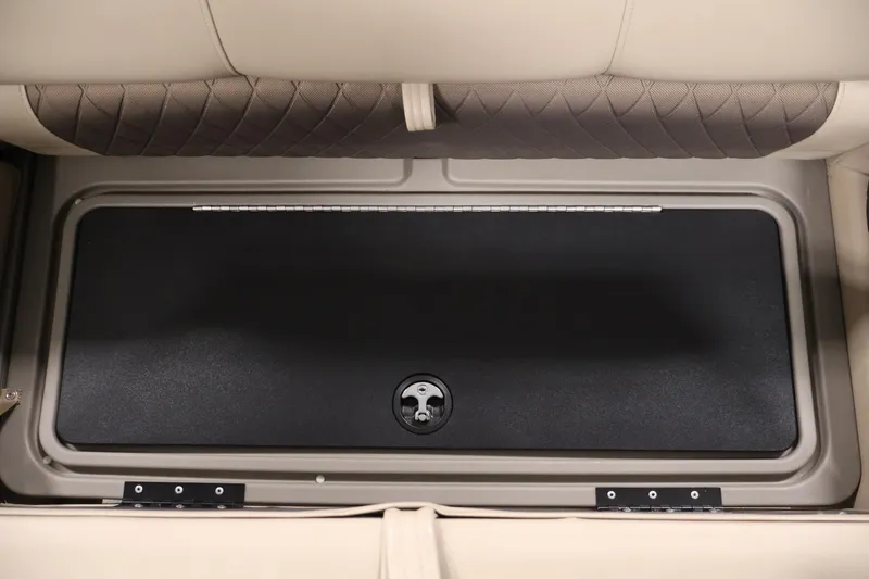 Slide: The Image of 2023 Sun Tracker Fishin' Barge 20 DLX storage compartment with cushioned seating. - 39