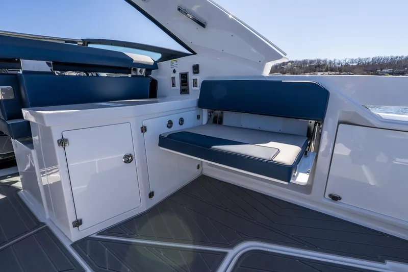 Slide: The Image of Luxurious interior of 2026 Monterey 378SS Super Sport boat with sleek seating and cabinetry. - 37