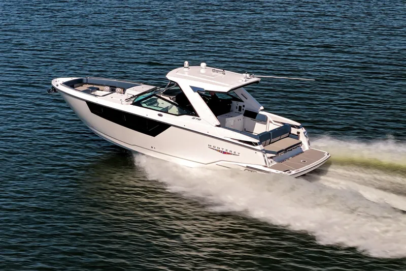 Slide: The Image of 2026 Monterey 378SS Super Sport boat cruising on open water. - 57