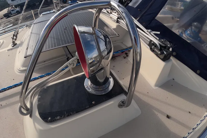 Slide: The Image of 2005 Island Packet 370 sailboat deck with solar panel and winch system. - 32