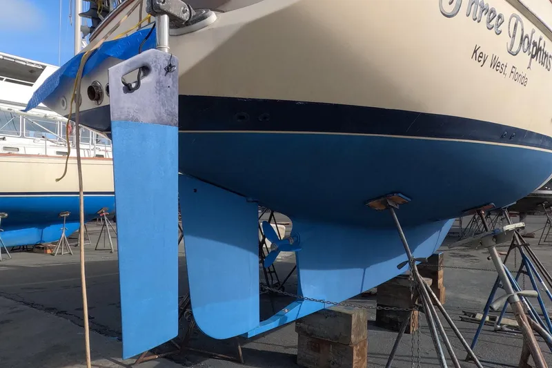 Slide: The Image of Island Packet 370 sailboat from 2005 on dry dock in Key West, Florida. - 38