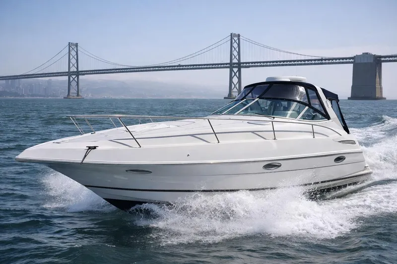 The Image of 2001 Cruisers Yachts 3470 Express cruising near a large suspension bridge on a sunny day. - 0