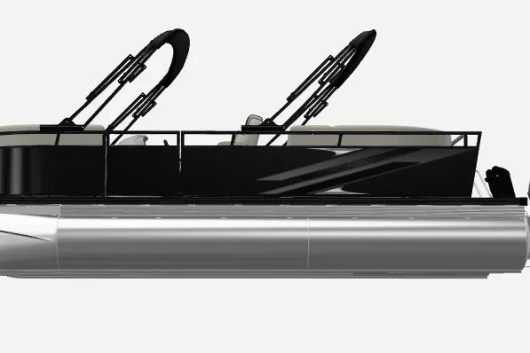 Slide: The Image of 2026 Dockside 22DQ2.75 pontoon boat, sleek black design, side view. - 2