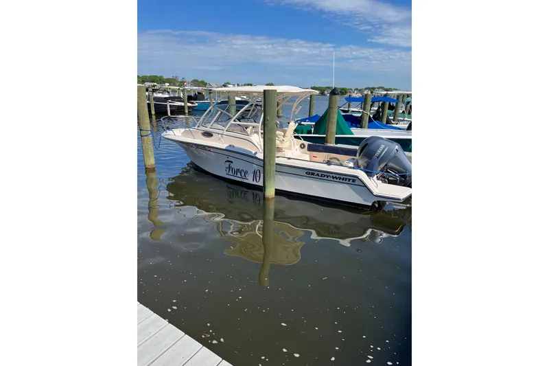 The Image of 2023 Grady-White Adventure 218 boat docked in a marina under clear skies. - 0