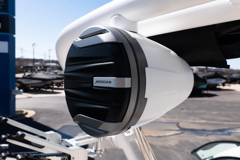 Slide: The Image of Outdoor speaker on 2026 MasterCraft NXT24 boat, featuring Meridian audio technology. - 19