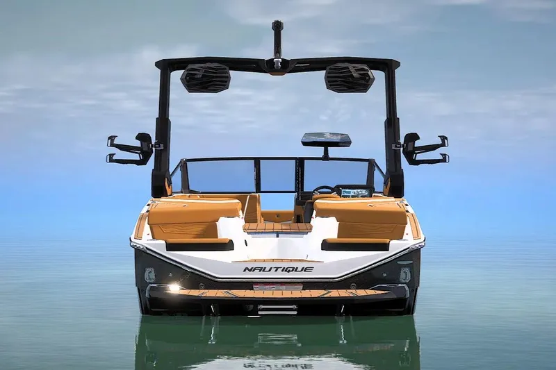 Slide: The Image of 2026 Nautique Super Air Nautique G23 boat on calm water, rear view. - 3