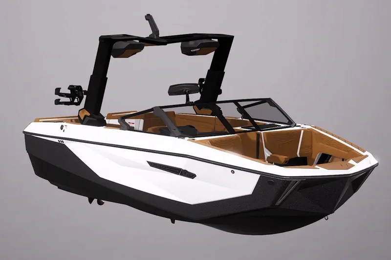 Slide: The Image of 2026 Nautique Super Air Nautique G23 boat, sleek design, white and black exterior, luxurious interior. - 6