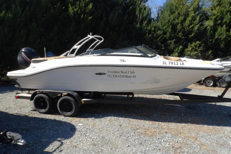 The Image of 2023 Searay 210 SPO boat on trailer, parked outdoors with trees in background. - 0