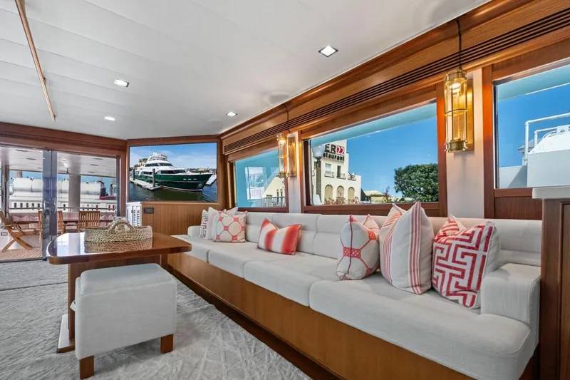 Slide: The Image of Luxurious interior of 2024 Marlow 90 V yacht with elegant seating and decor. - 9
