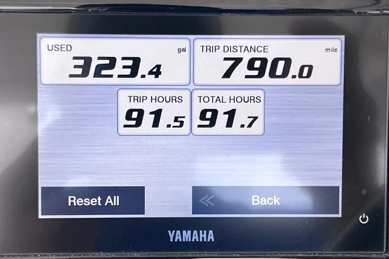 Slide: The Image of Display screen showing fuel usage, trip distance, and hours for 2022 Pursuit DC 246 Dual Console. - 42