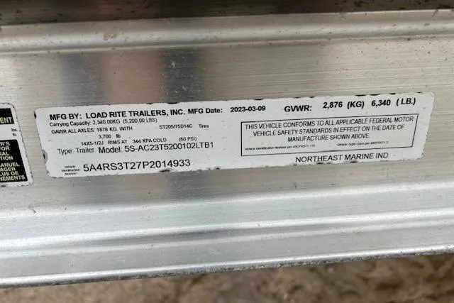 Slide: The Image of Label on Load Rite trailer, GVWR 6,340 lbs, manufactured 2023, for Hydra-Sports Lightning 212 WA. - 19