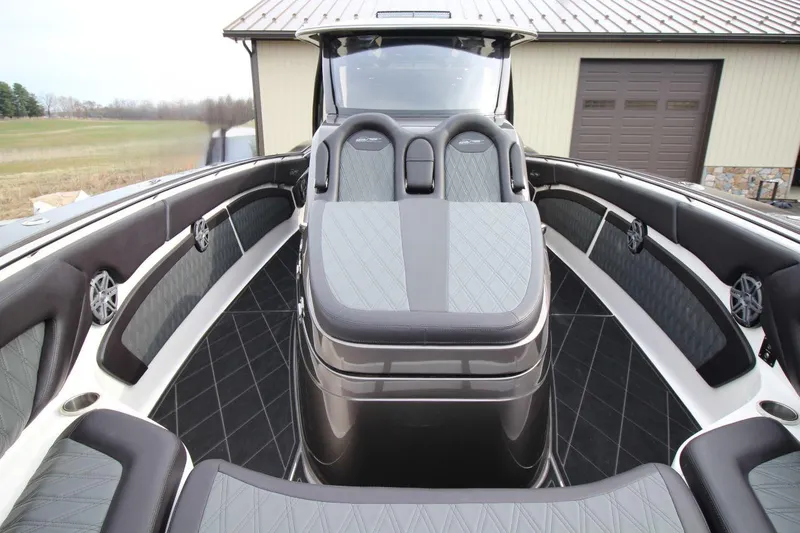 Slide: The Image of Luxurious interior of 2018 MTI V42 boat with sleek seating and modern design. - 19
