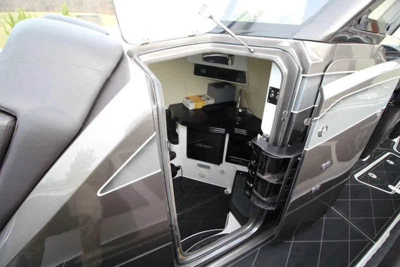 Slide: The Image of Interior view of 2018 MTI V42 boat cabin with sleek design and modern amenities. - 21