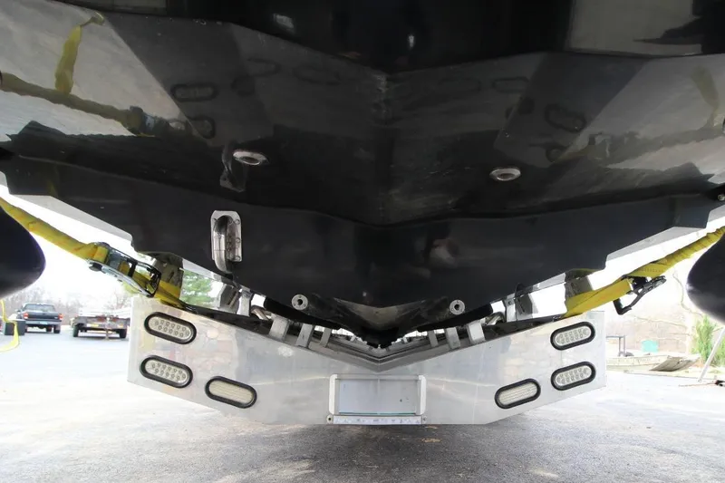 Slide: The Image of Underside view of 2018 MTI V42 boat hull with trailer attachments. - 30