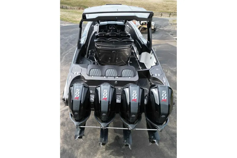 Slide: The Image of 2018 MTI V42 boat with four Mercury 500R engines, rear view. - 9