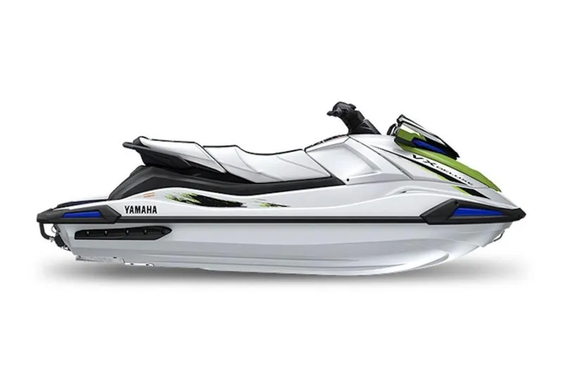 Slide: The Image of 2026 Yamaha WaveRunner VX Deluxe, sleek white design with green accents, side view. - 22