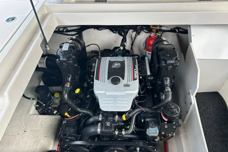 Slide: The Image of 2010 Sea Ray 260 Sundeck engine compartment with MerCruiser 350 MAG engine. - 28