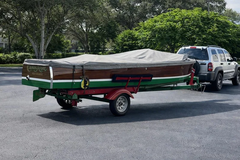 Slide: The Image of Rare 1931 Dodge 16' Sea Nymph boat on trailer, covered and parked outdoors. - 19