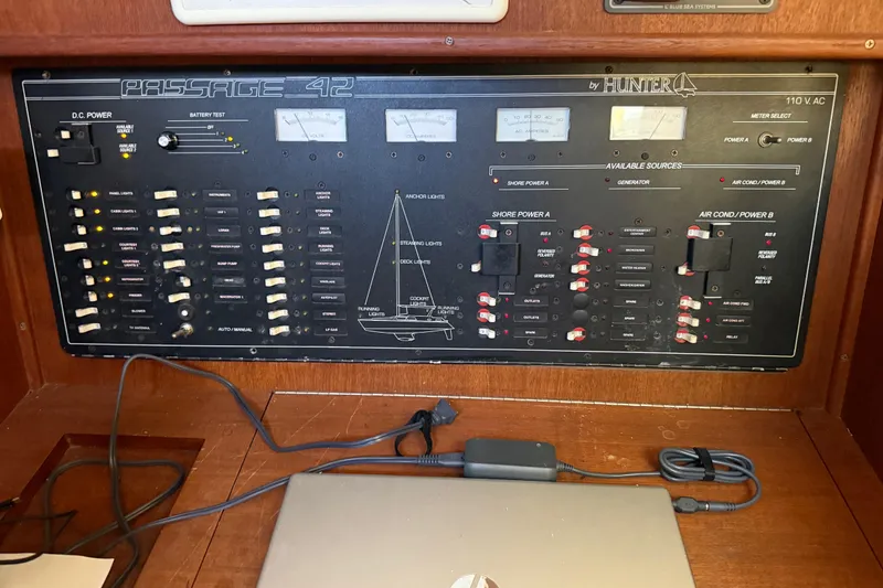 Slide: The Image of Electrical control panel of a 1997 Hunter Passage 420 sailboat, featuring various switches and meters. - 12