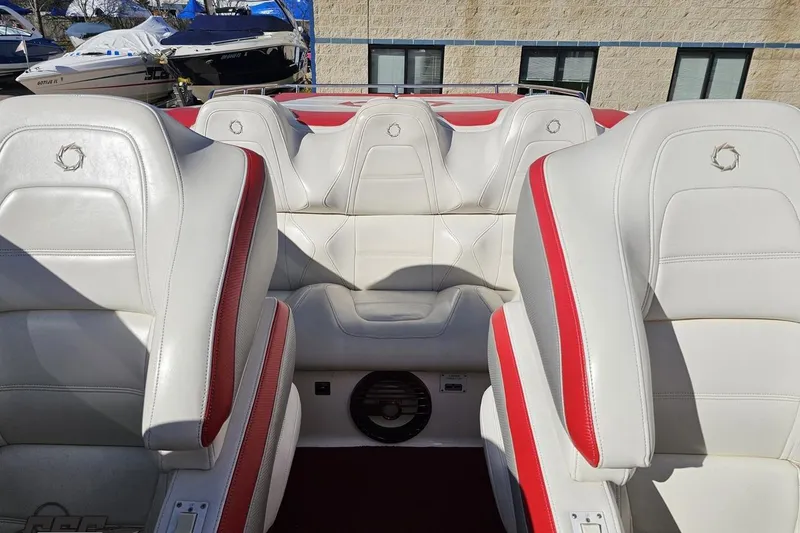 Slide: The Image of Interior of 2009 Fountain 47 Lightning boat with white and red seating. - 110