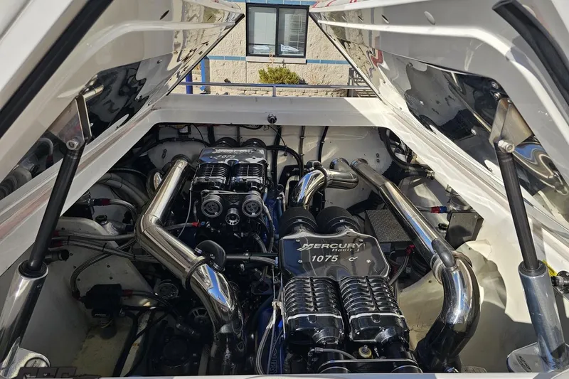 Slide: The Image of Engine compartment of a 2009 Fountain 47 Lightning with Mercury Racing 1075 engines. - 116