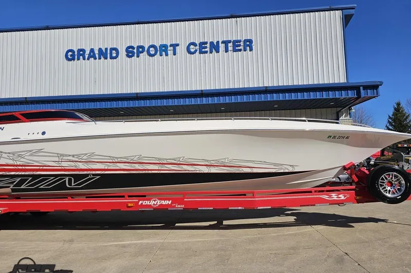 Slide: The Image of 2009 Fountain 47 Lightning boat on trailer at Grand Sport Center. - 13