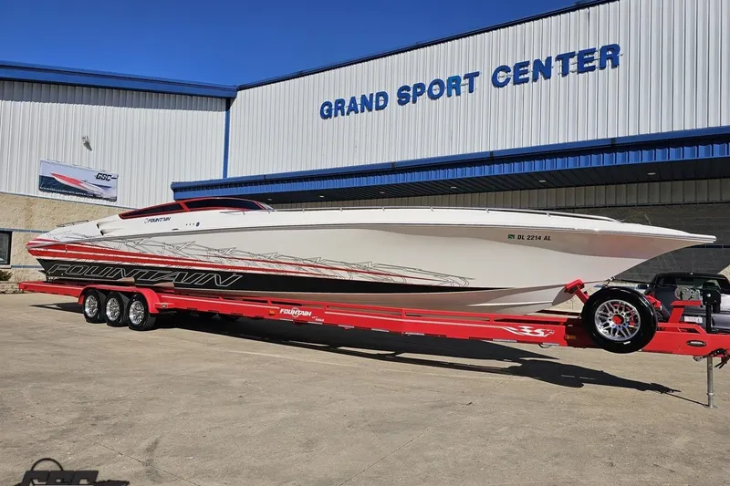 Slide: The Image of 2009 Fountain 47 Lightning boat on red trailer at Grand Sport Center. - 14