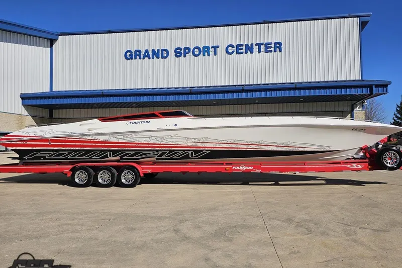 Slide: The Image of 2009 Fountain 47 Lightning boat on red trailer at Grand Sport Center. - 3