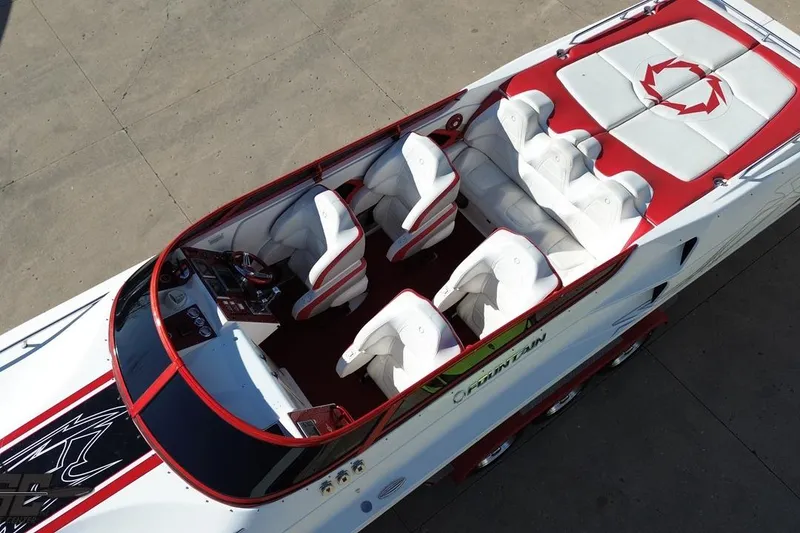 Slide: The Image of 2009 Fountain 47 Lightning boat interior with white and red seating, aerial view. - 37