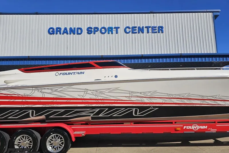 Slide: The Image of 2009 Fountain 47 Lightning boat on trailer at Grand Sport Center. - 5