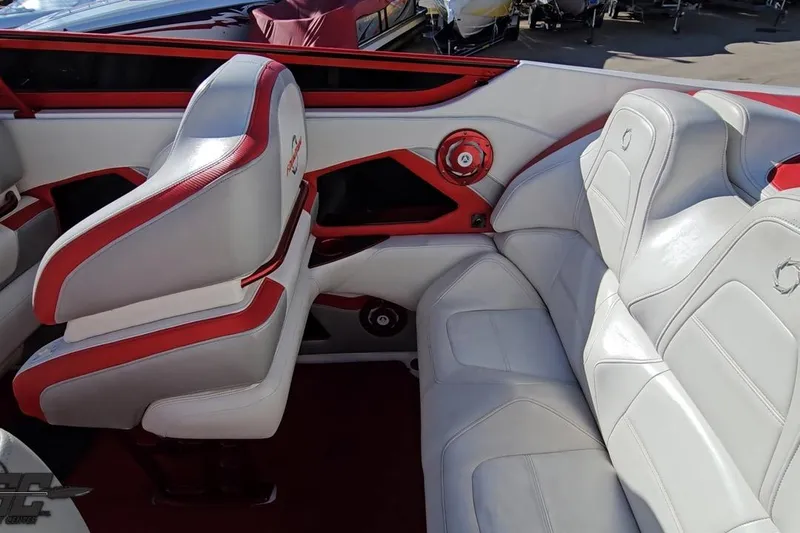 Slide: The Image of 2009 Fountain 47 Lightning boat interior with white and red leather seating. - 61