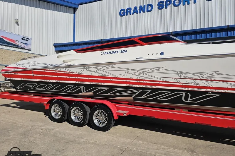 Slide: The Image of 2009 Fountain 47 Lightning boat on red trailer at Grand Sport Center. - 9