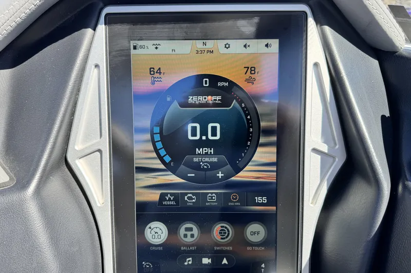 Slide: The Image of Touchscreen display of a 2021 Tigé 21ZX boat showing speed and temperature settings. - 11